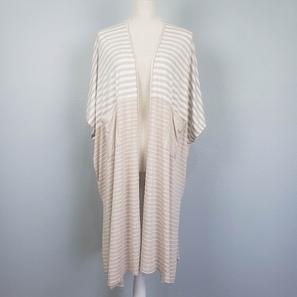 HEM & THREAD Short Sleeve Open Front Longline Cardigan Multi Stripe Pattern OS - Picture 1 of 8